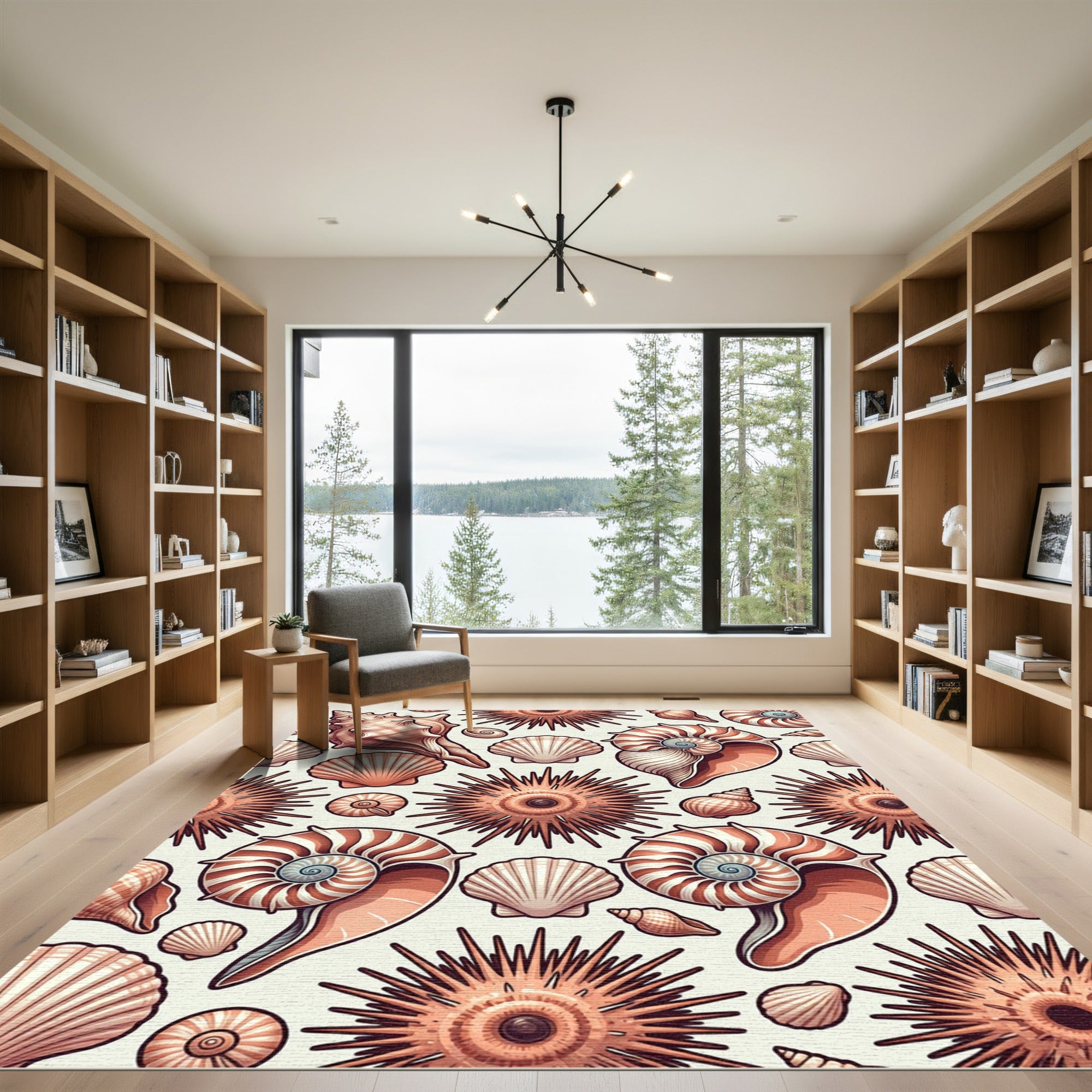 Beige Coastal Sea Shell Urchin Illustration Rug
