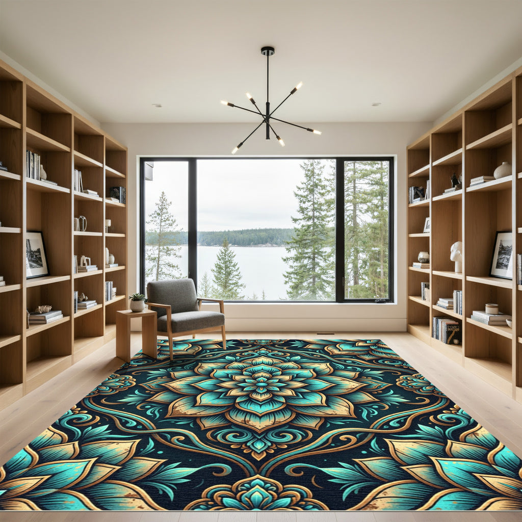 Teal Gold Intricate Medallion Floral Rug