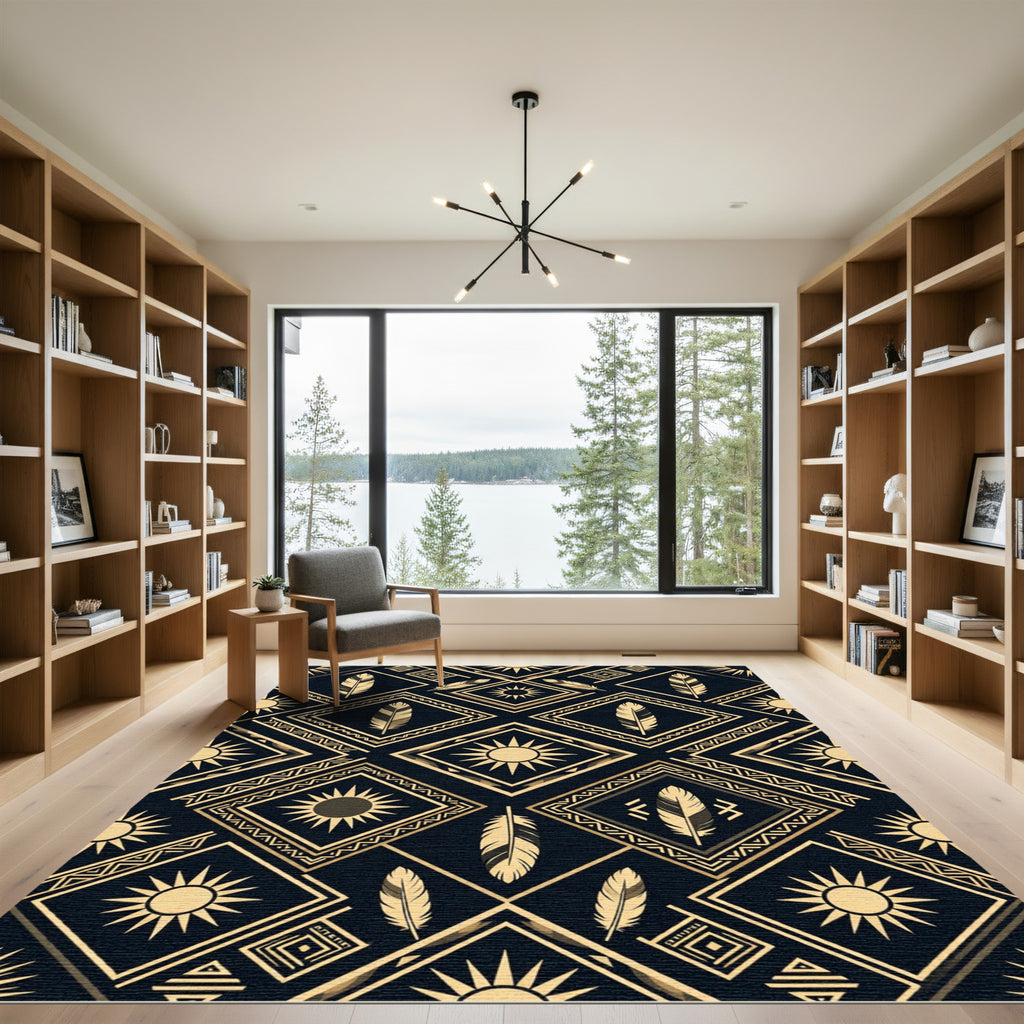Gold Feather Sun Geometric Art Deco Rug