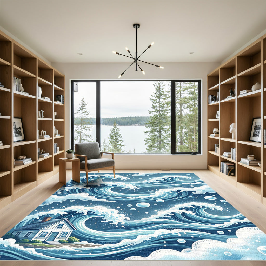 Japanese Indigo Wave House Illustration Rug