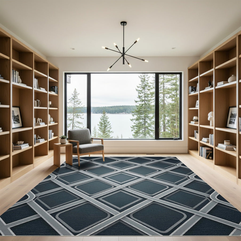 Sophisticated Slate Gray Interlocking Geometric Grid Rug
