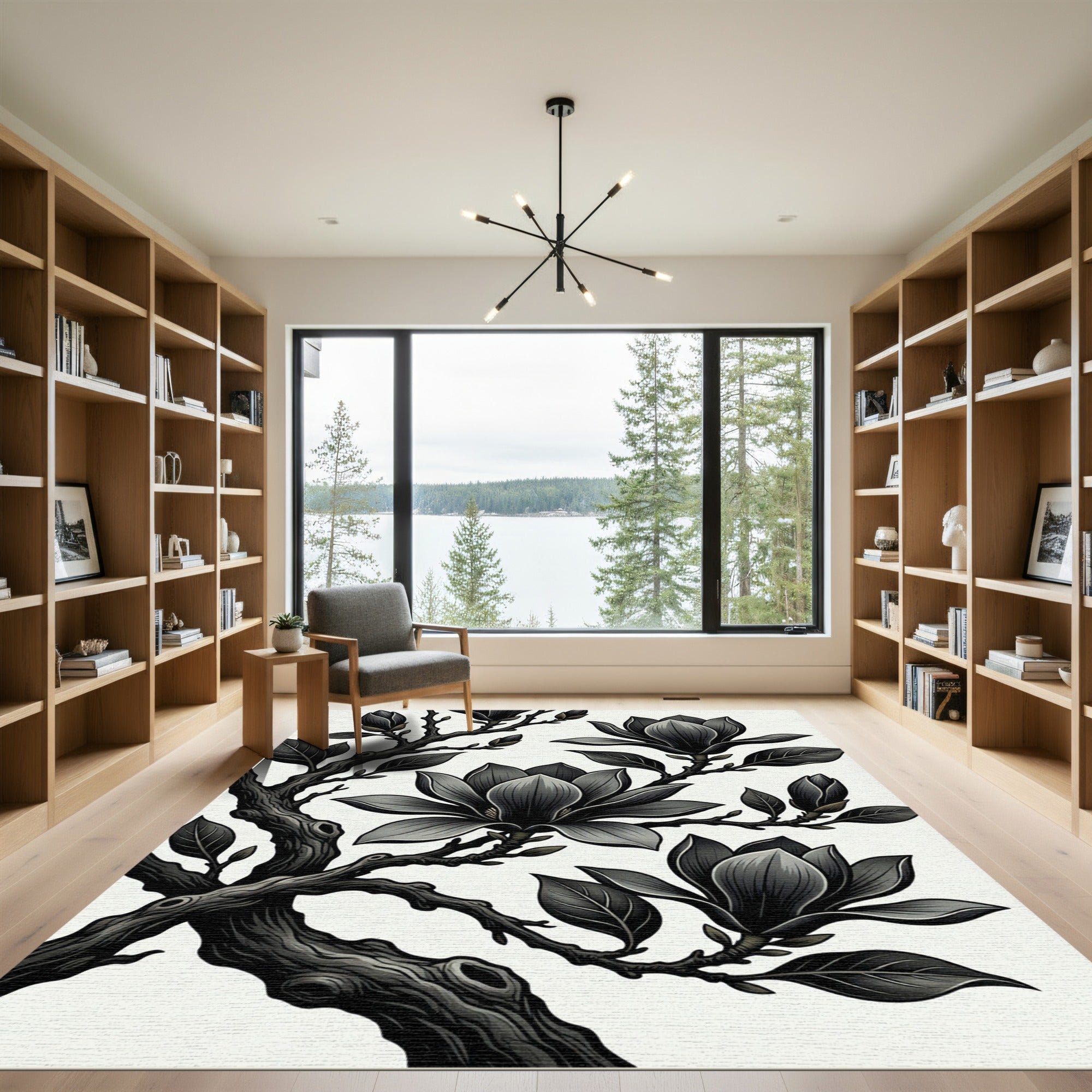 Elegant Black Magnolia Branch Botanical Rug