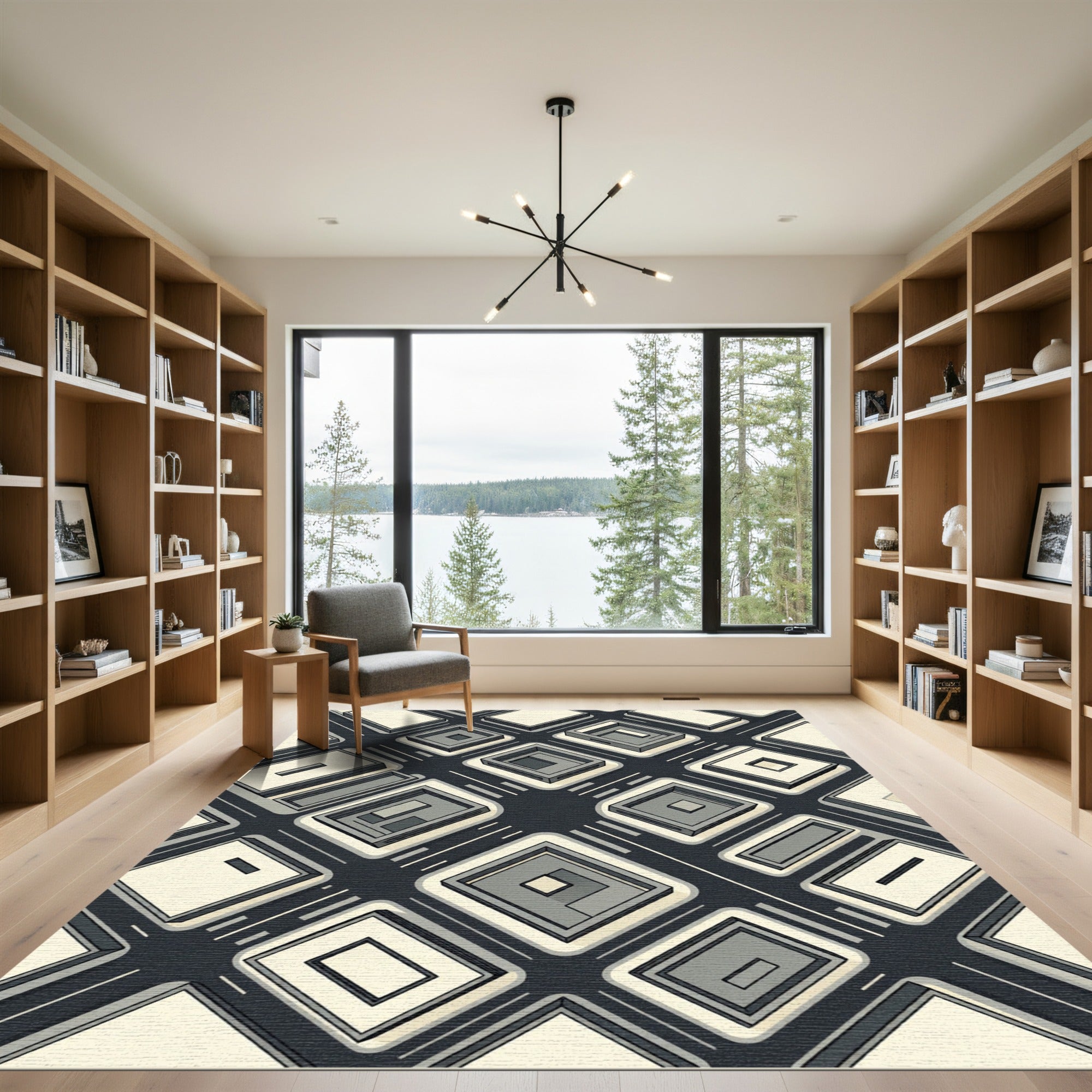 Monochrome Geometric Isometric Urban Grid Rug
