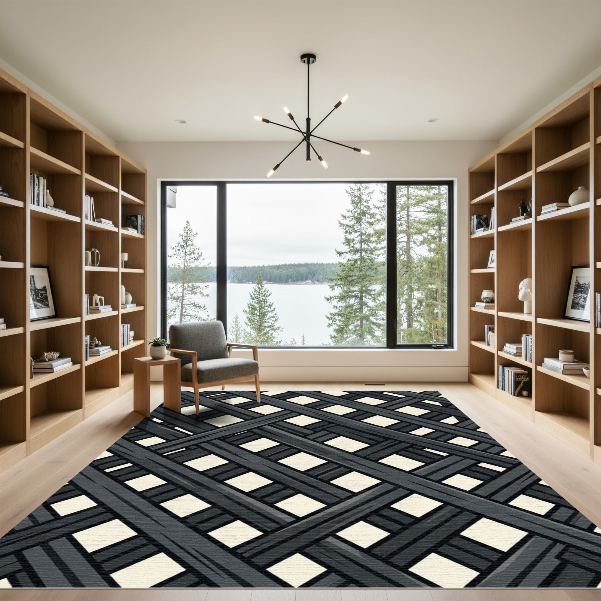 Charcoal Grey Intersecting Grid Weave Rug