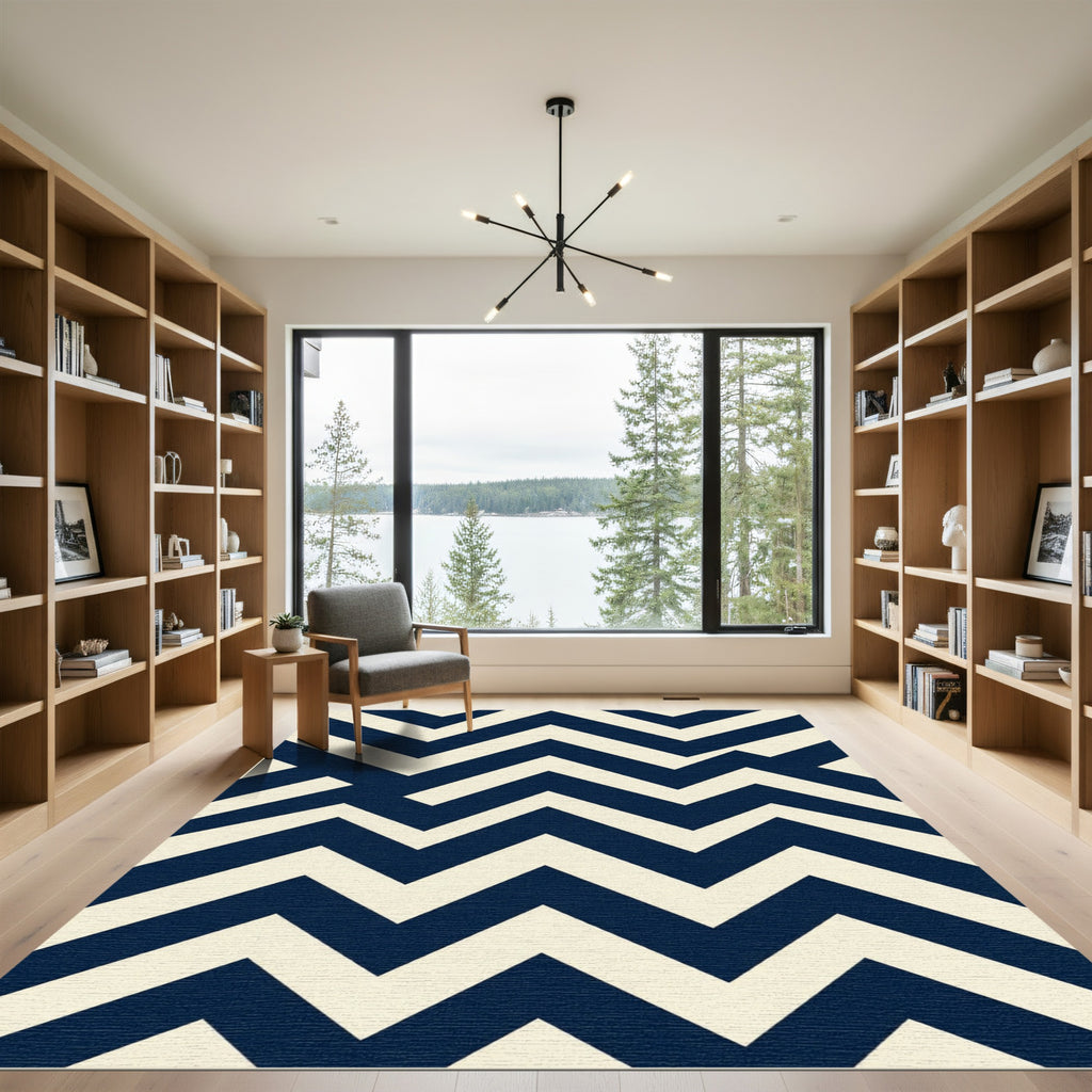 Navy And Ivory Modern Chevron Lines Rug