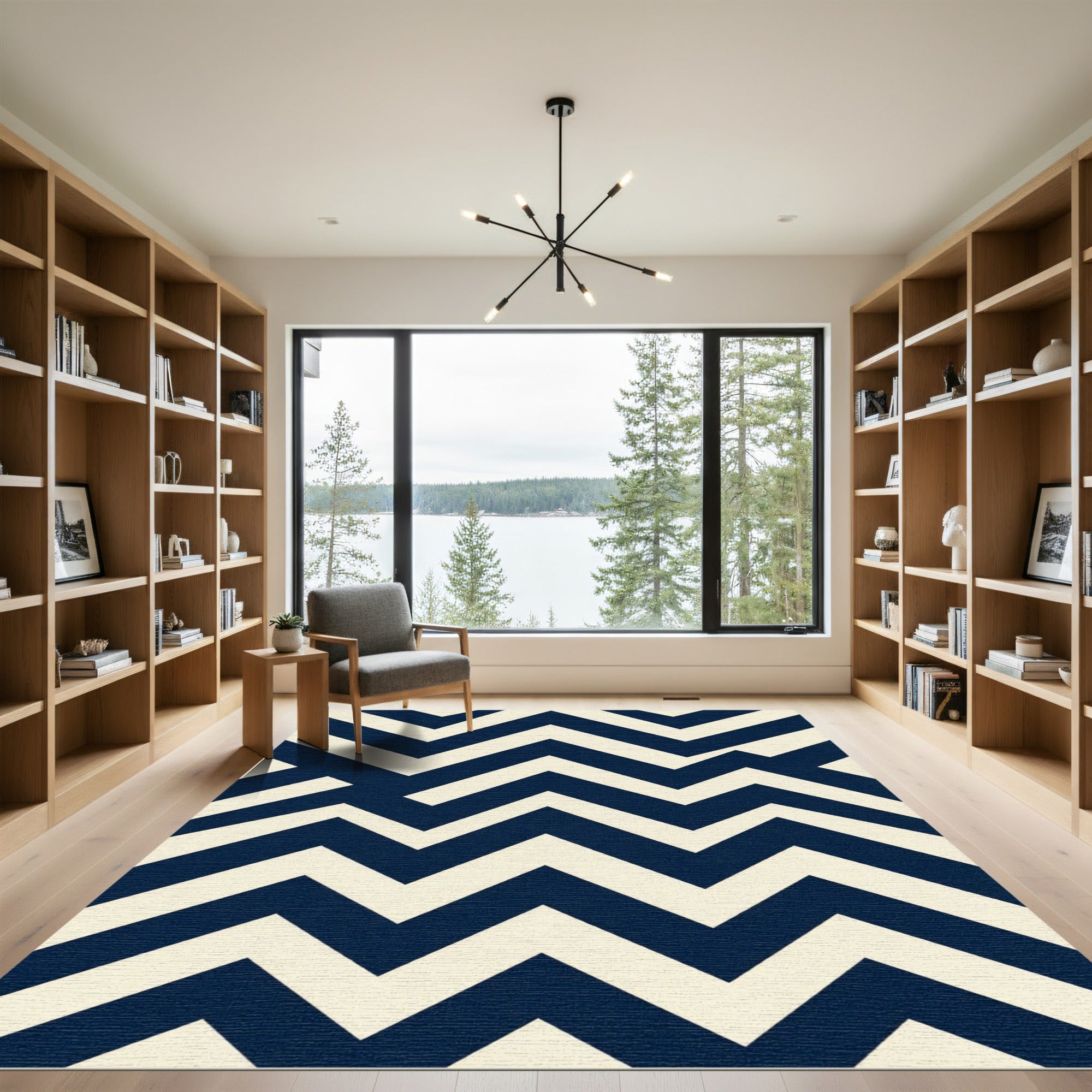 Navy And Ivory Modern Chevron Lines Rug