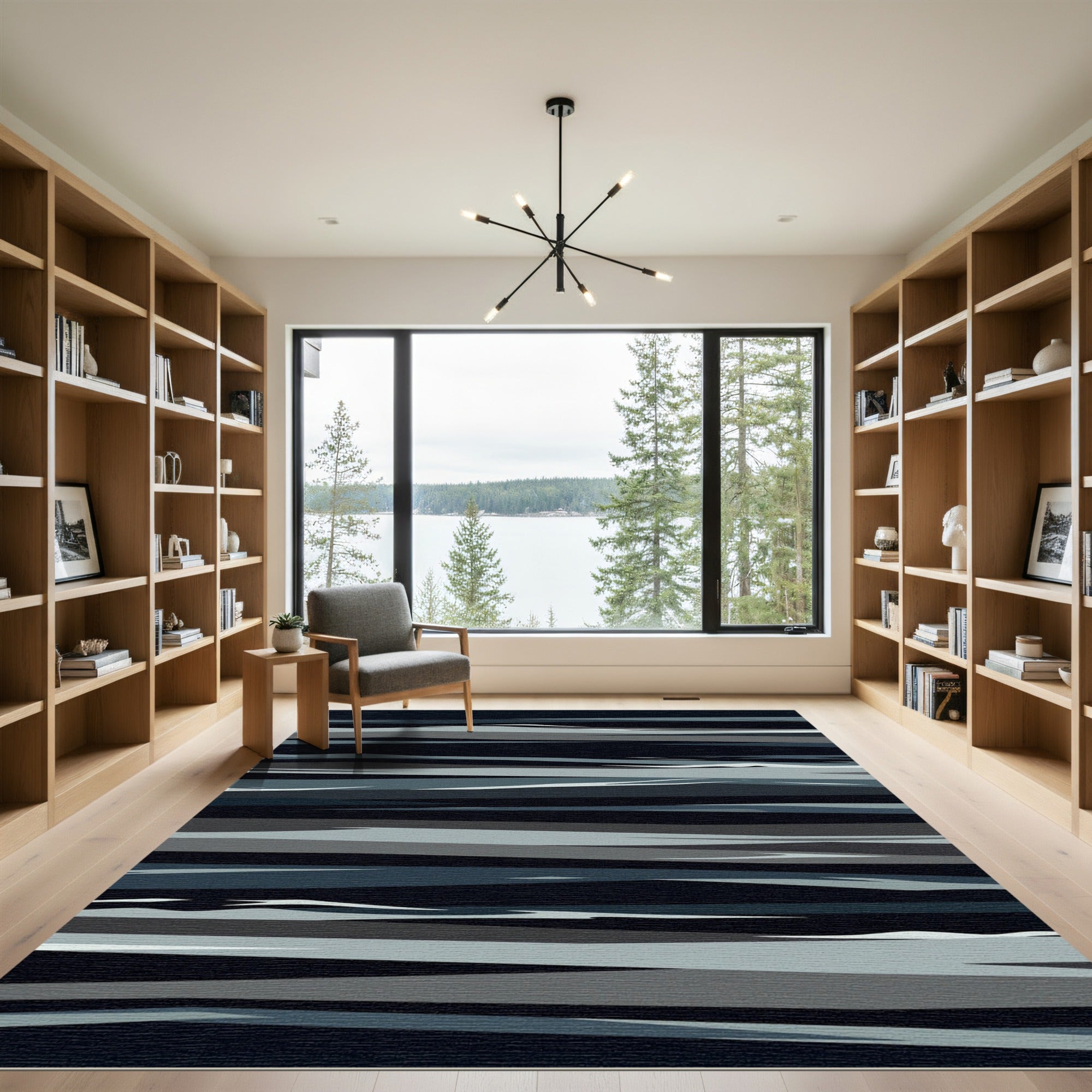 Minimalist Midnight Blue Grey Abstract Wave Rug