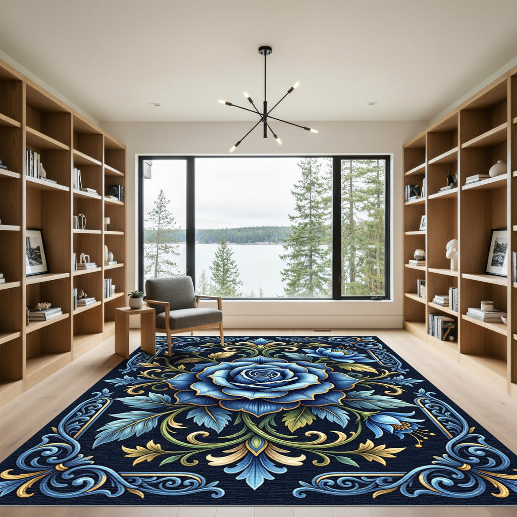 Rich Blue Floral Scrollwork Composition Rug