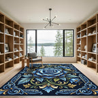 Rich Blue Floral Scrollwork Composition Rug