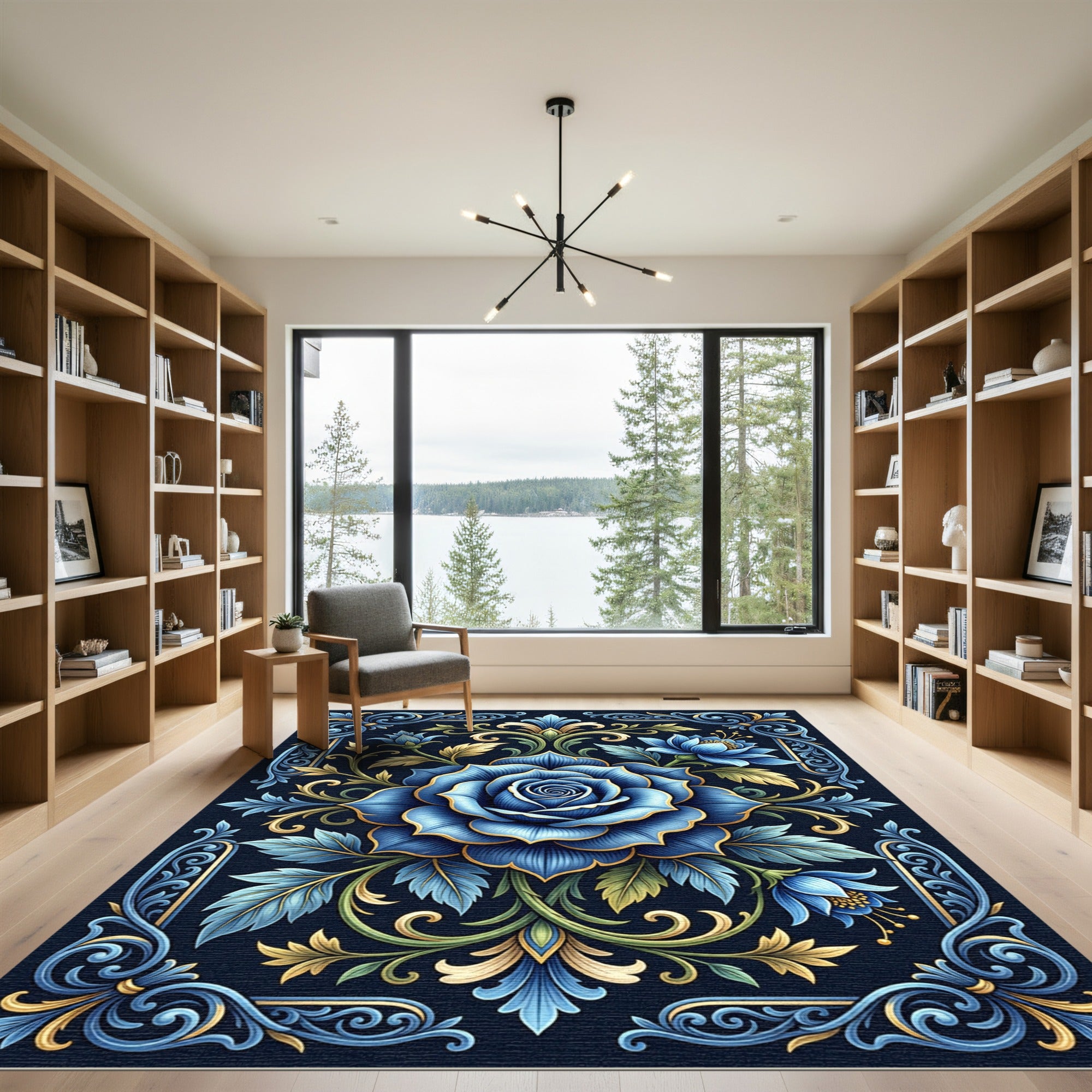 Rich Blue Floral Scrollwork Composition Rug