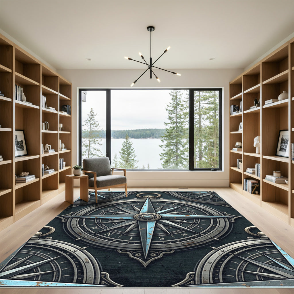 Vintage Nautical Steel Compass Rose Rug