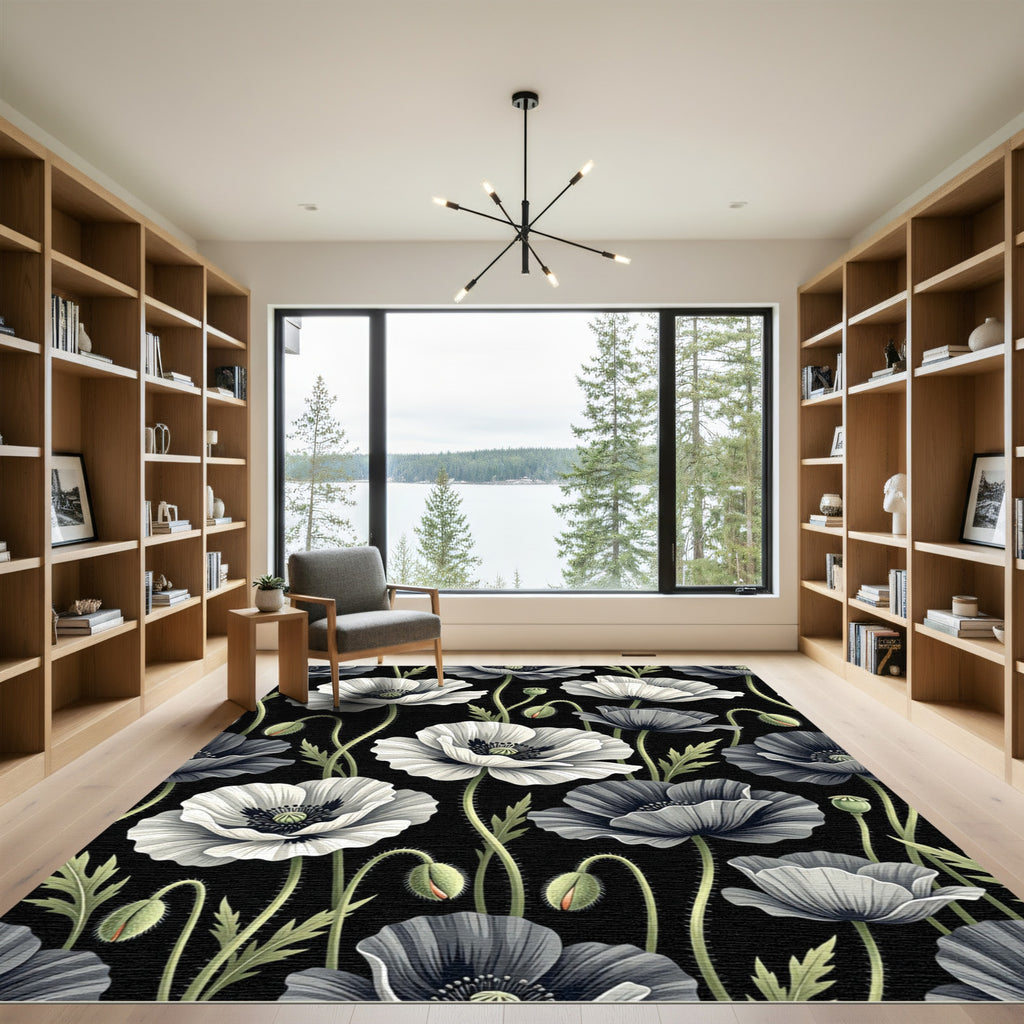 Monochrome White Poppy Floral Botanic Rug