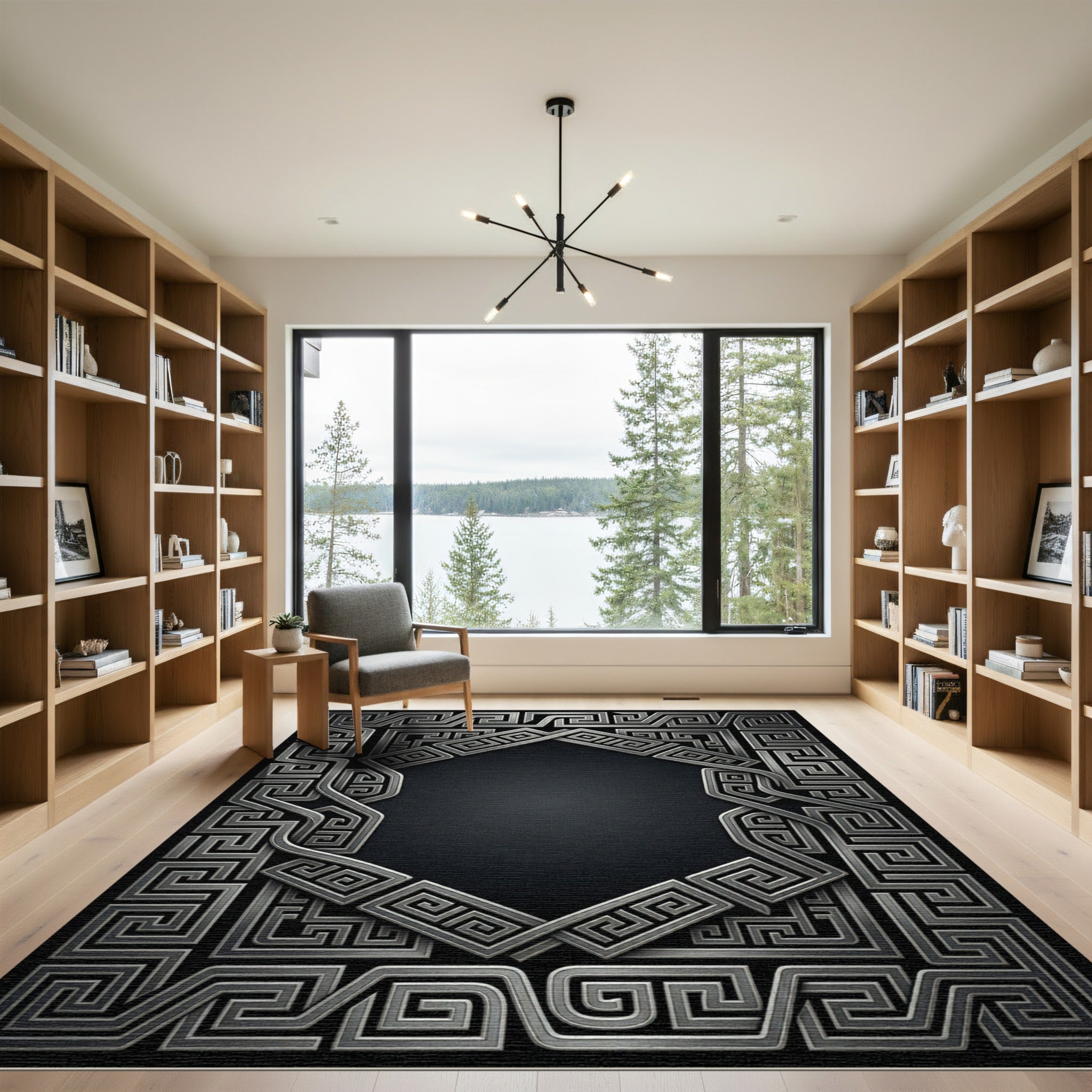 Silver Greek Key Geometric Frame Rug