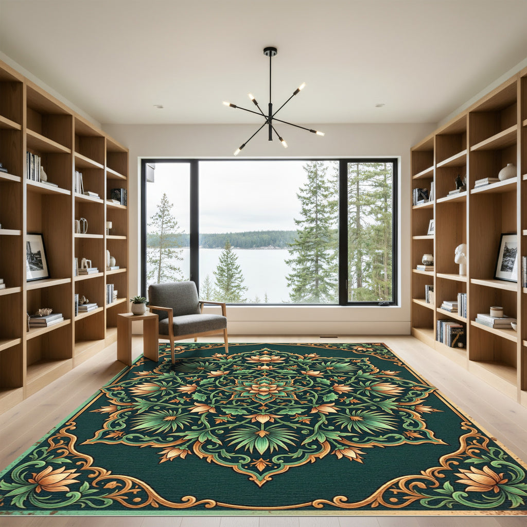 Teal Golden Lotus Floral Medallion Rug
