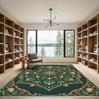 Teal Golden Lotus Floral Medallion Rug