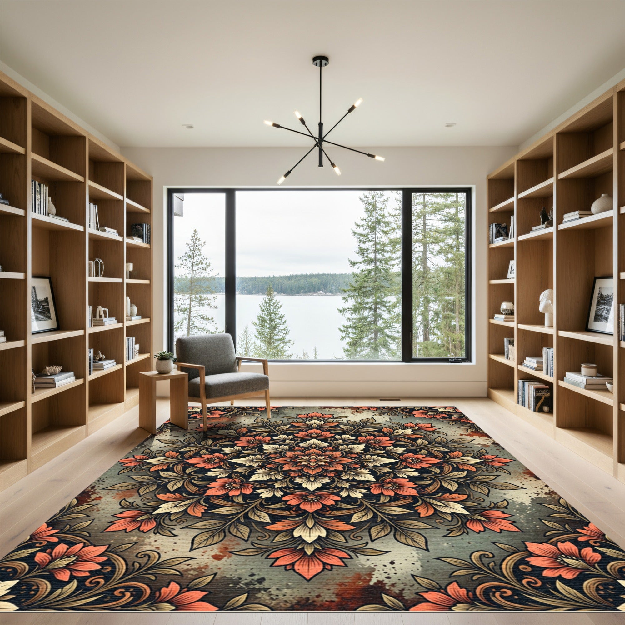 Earthy Orange Floral Mandala Medallion Rug