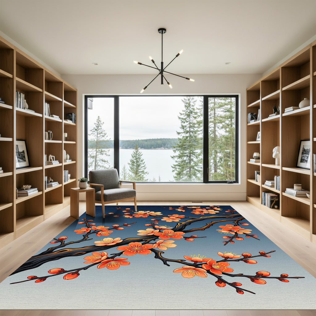 Coral Cherry Blossom Branches Gradient Rug