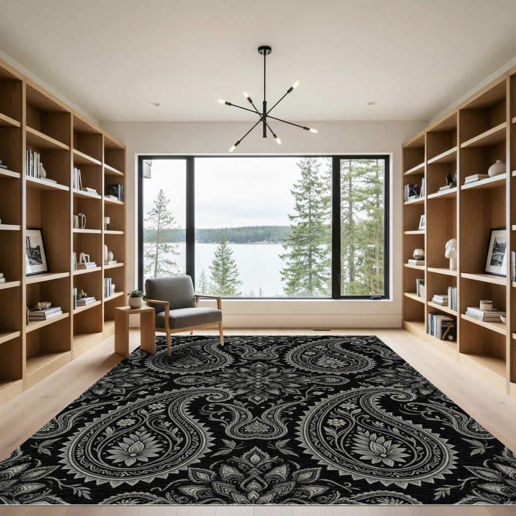 Black Silver Intricate Paisley Floral Rug