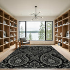 Black Silver Intricate Paisley Floral Rug
