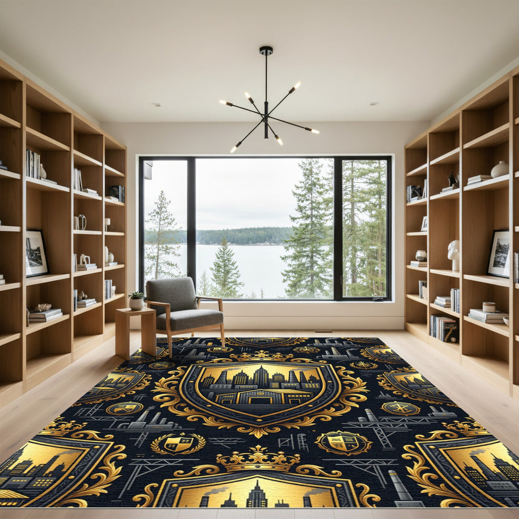 Golden Royal Industrial Emblem Navy Crest Rug