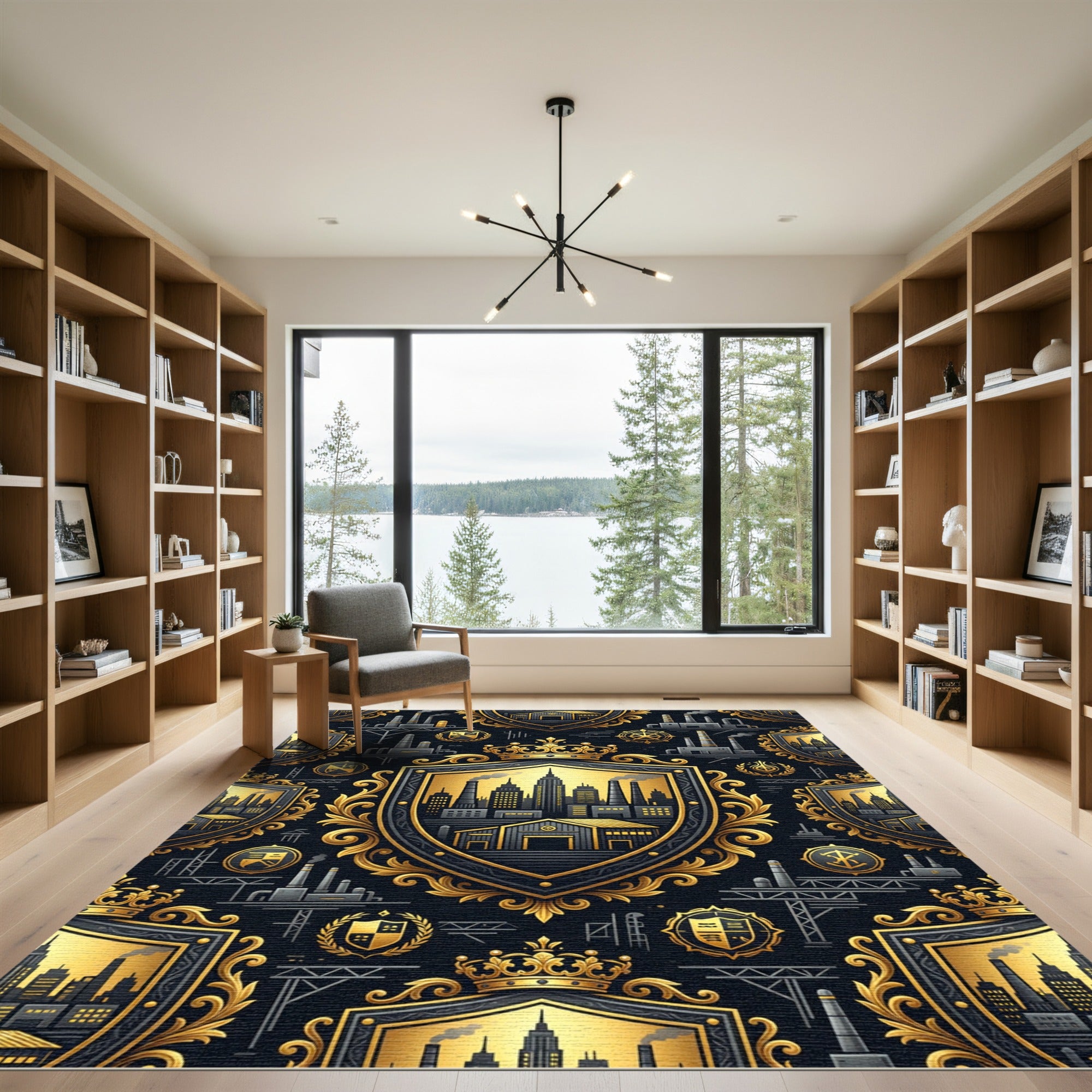 Golden Royal Industrial Emblem Navy Crest Rug