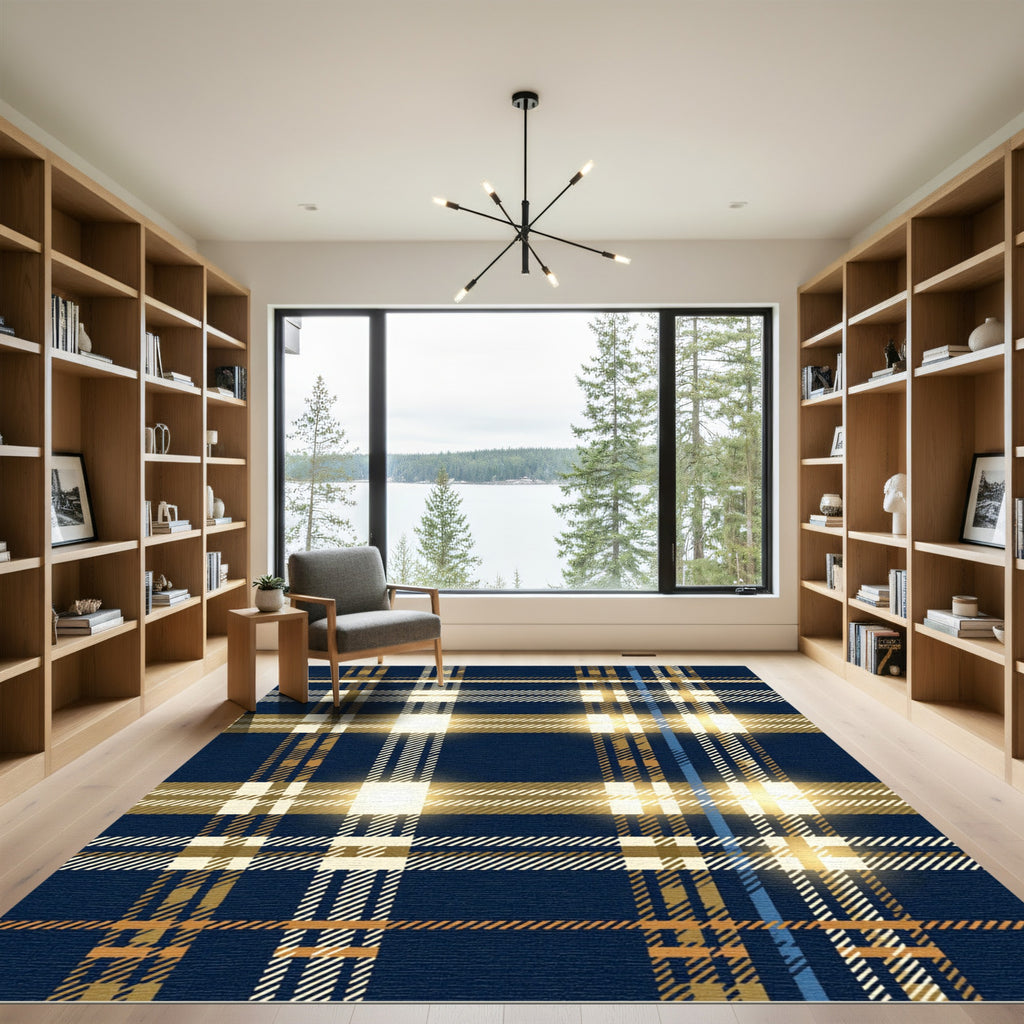 Navy and Gold Plaid Tartan Check Rug