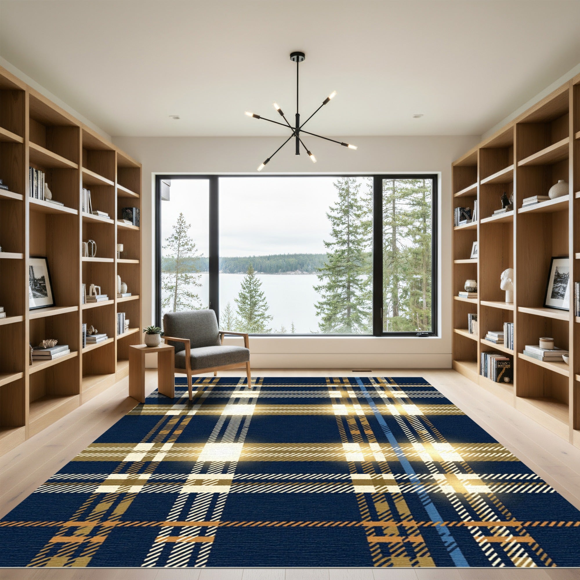 Navy and Gold Plaid Tartan Check Rug