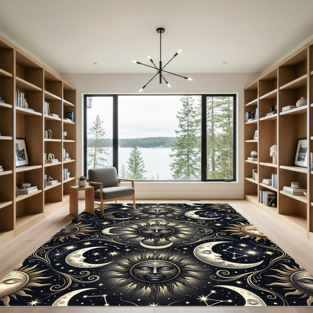 Celestial Sun Moon Constellation Black Gold Rug
