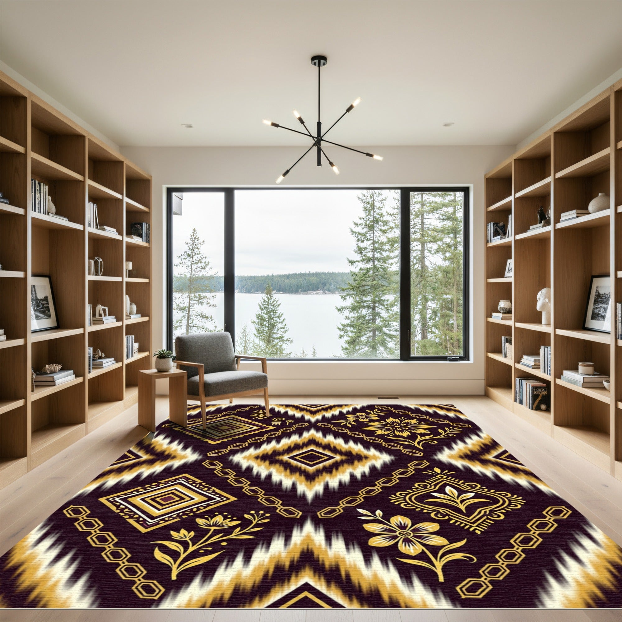 Dark Gold Floral Diamond Medallion Rug