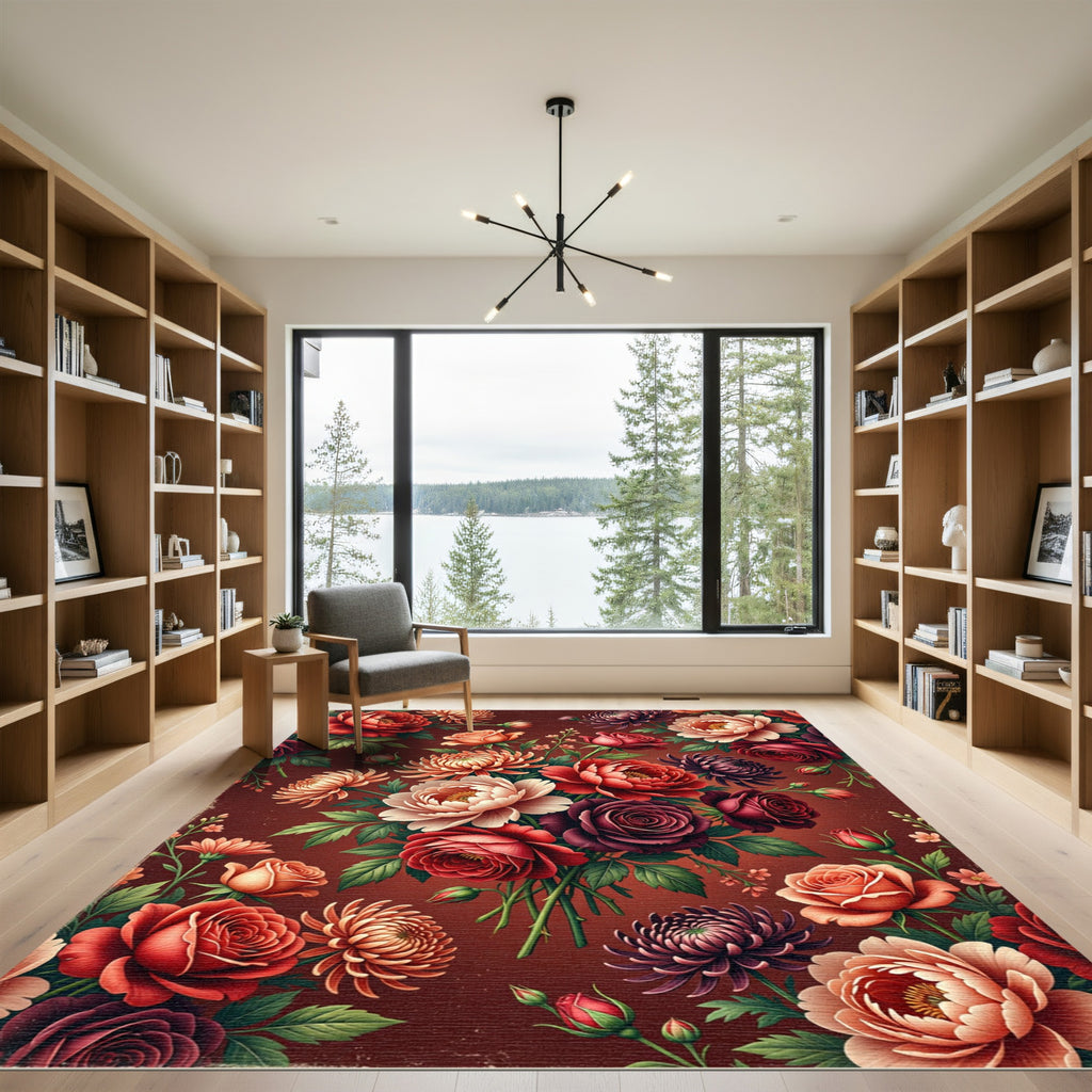 Luxurious Crimson Botanical Floral Bouquet Rug