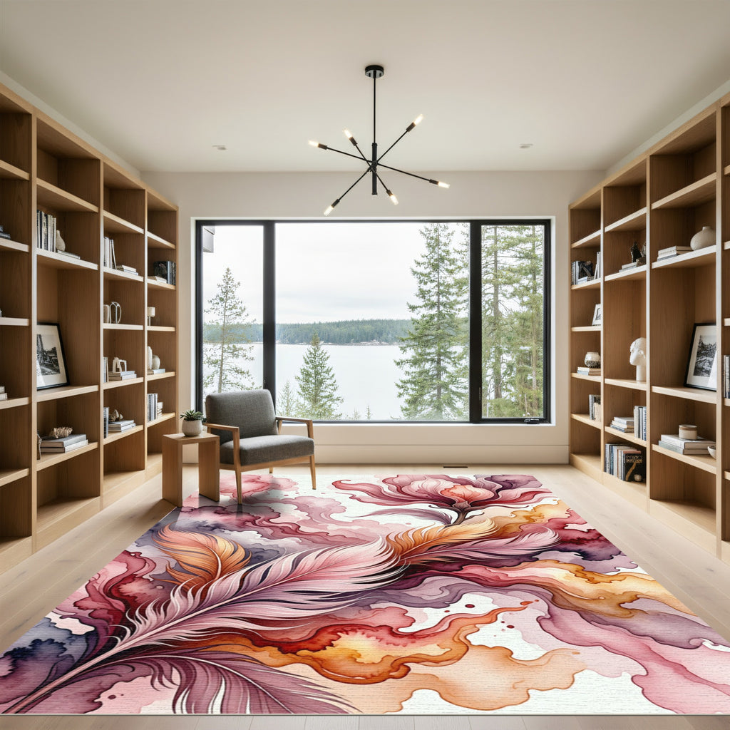 Ethereal Pink Feathers and Floral Composition Rug