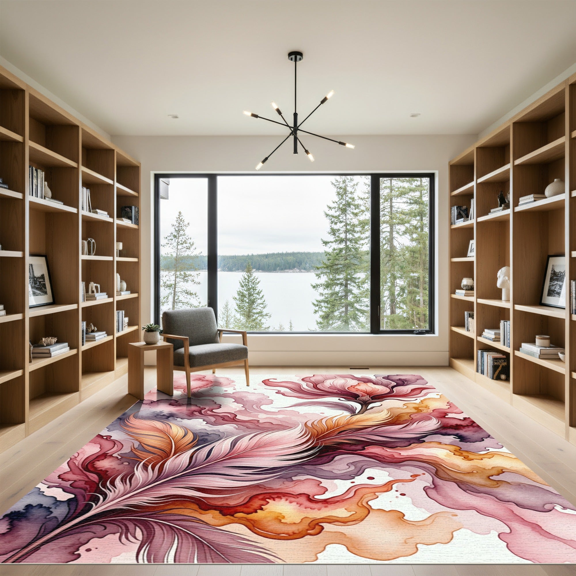 Ethereal Pink Feathers and Floral Composition Rug