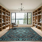 Ornate Teal Floral Arabesque Overlay Rug