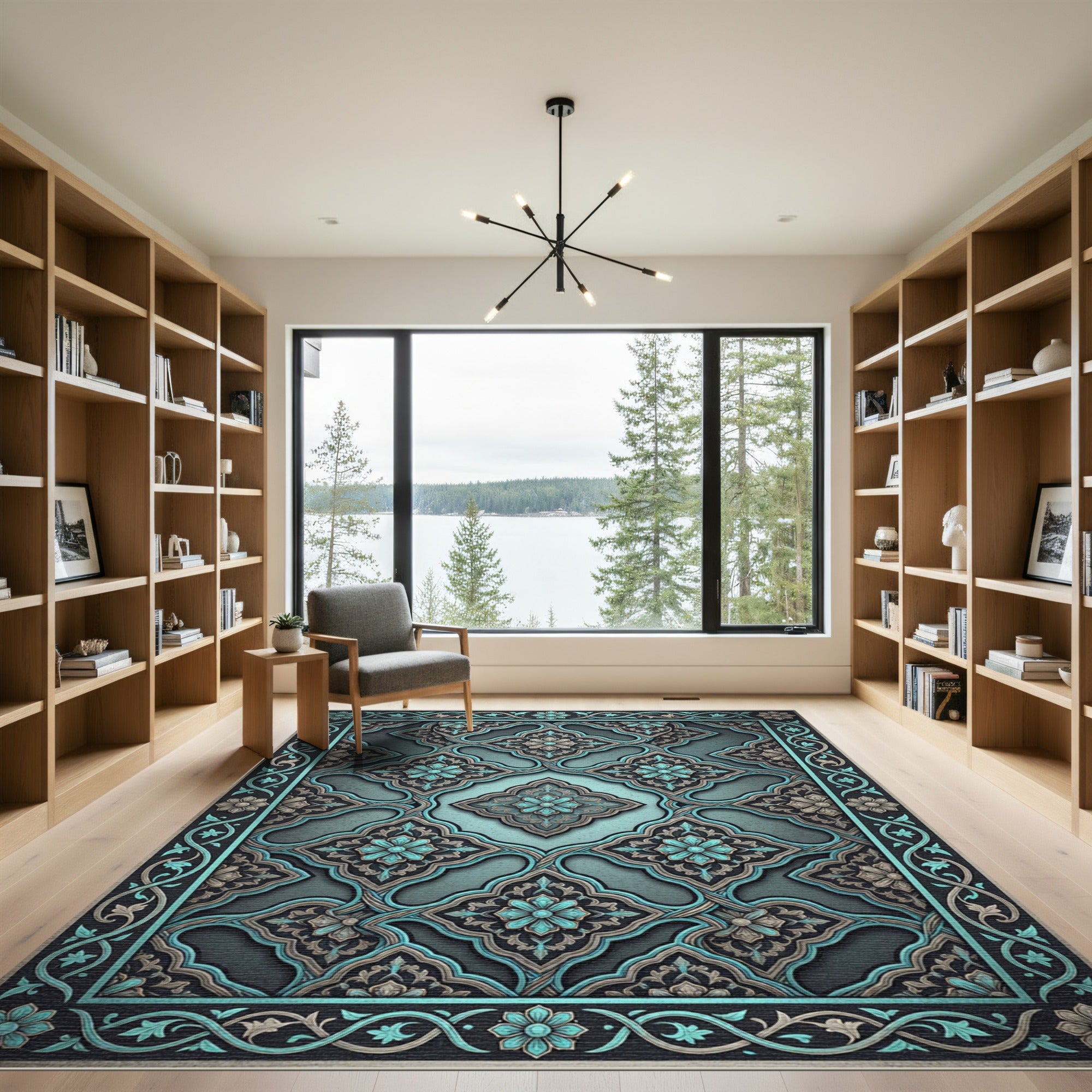 Ornate Teal Floral Arabesque Overlay Rug
