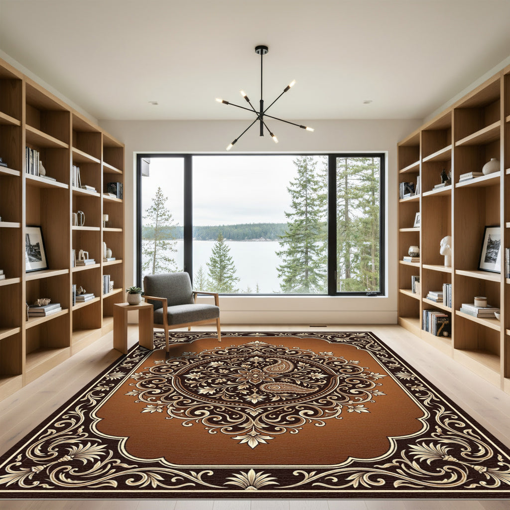 Elegant Bronze Paisley Floral Medallion Rug