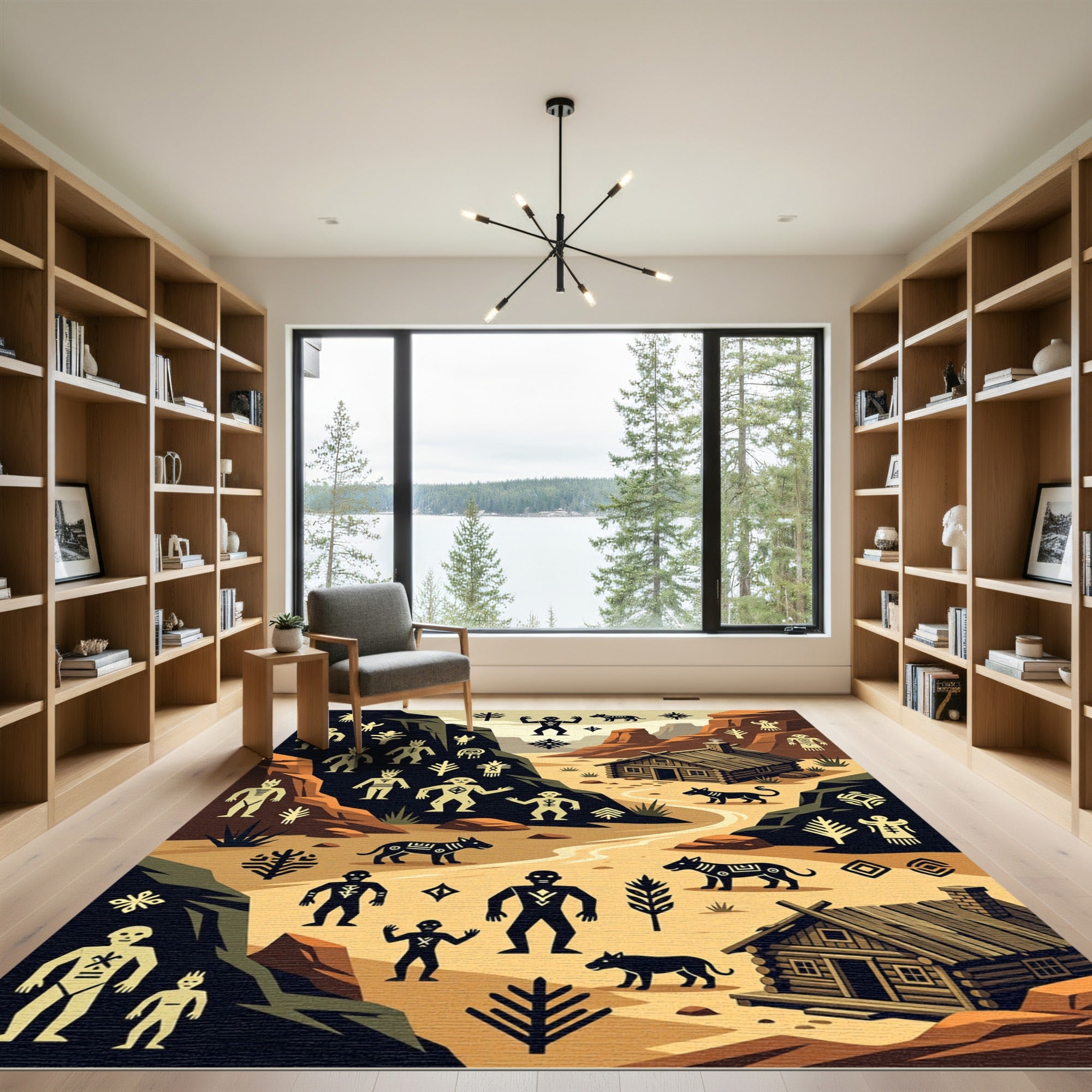Desert Landscape Primitive Figures Houses Rug