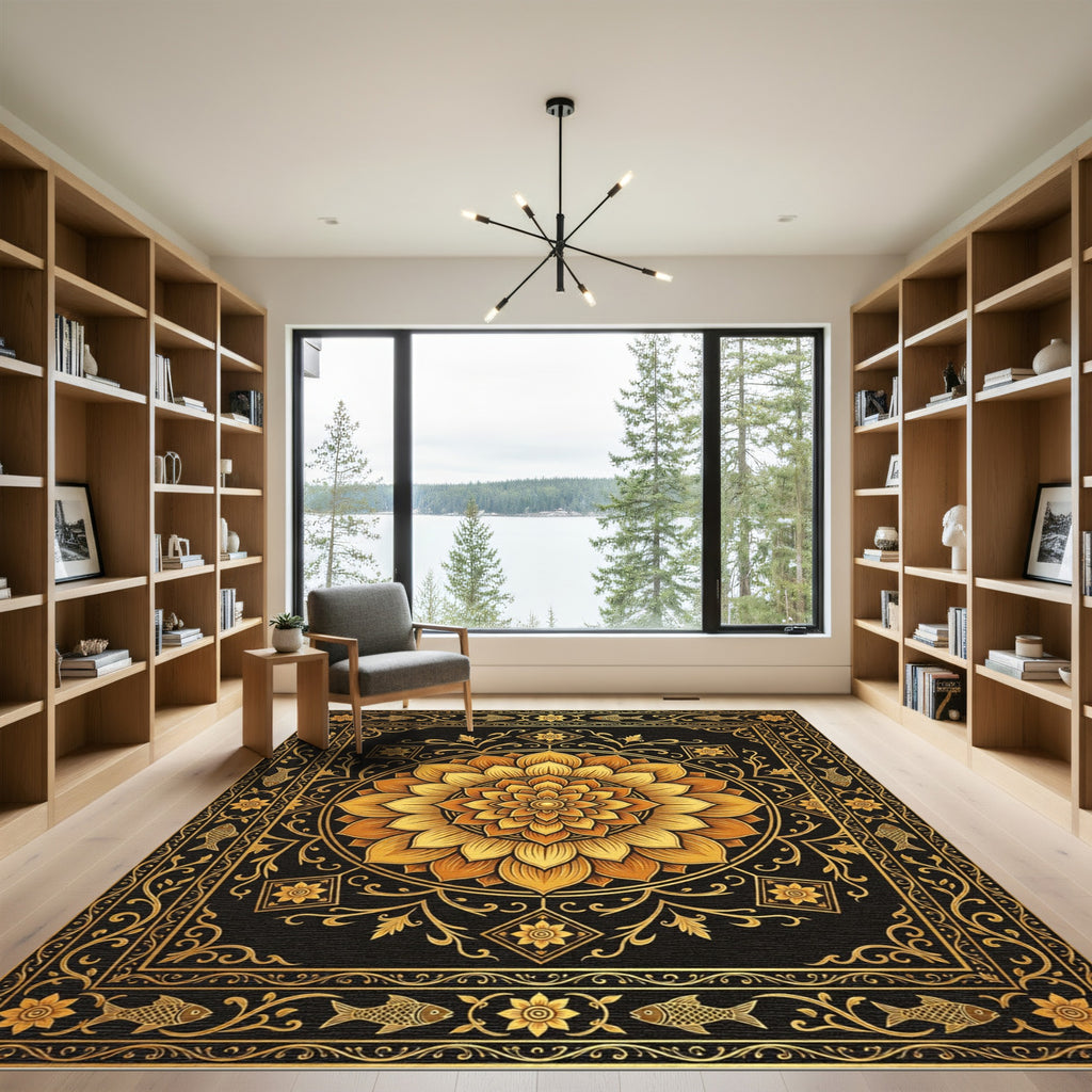 Golden Lotus Mandala with Fish Accents Rug