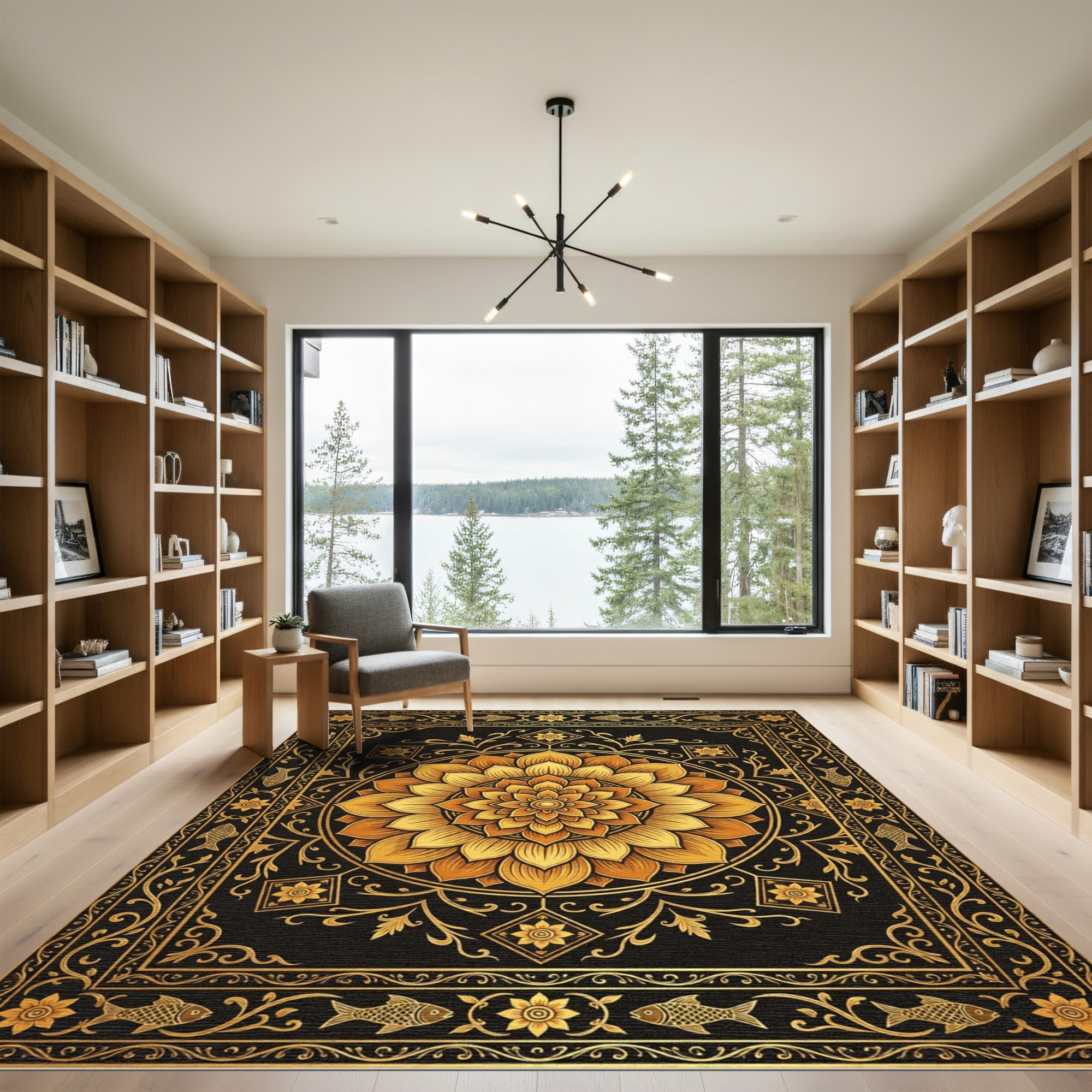Golden Lotus Mandala with Fish Accents Rug