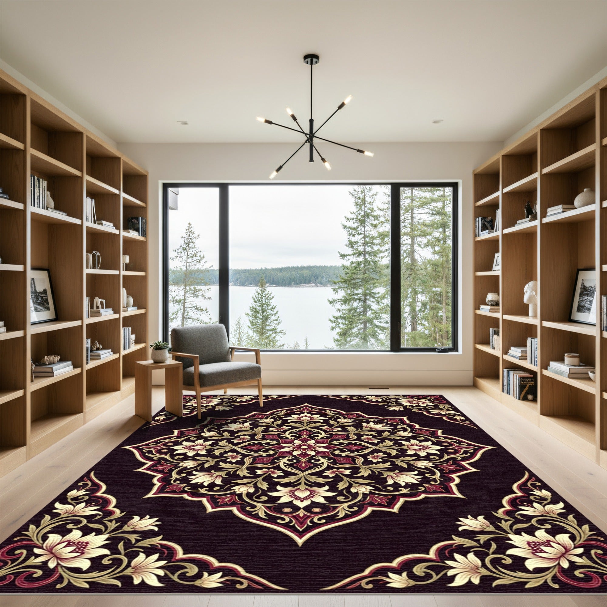 Cream Floral Medallion on Burgundy Background Rug