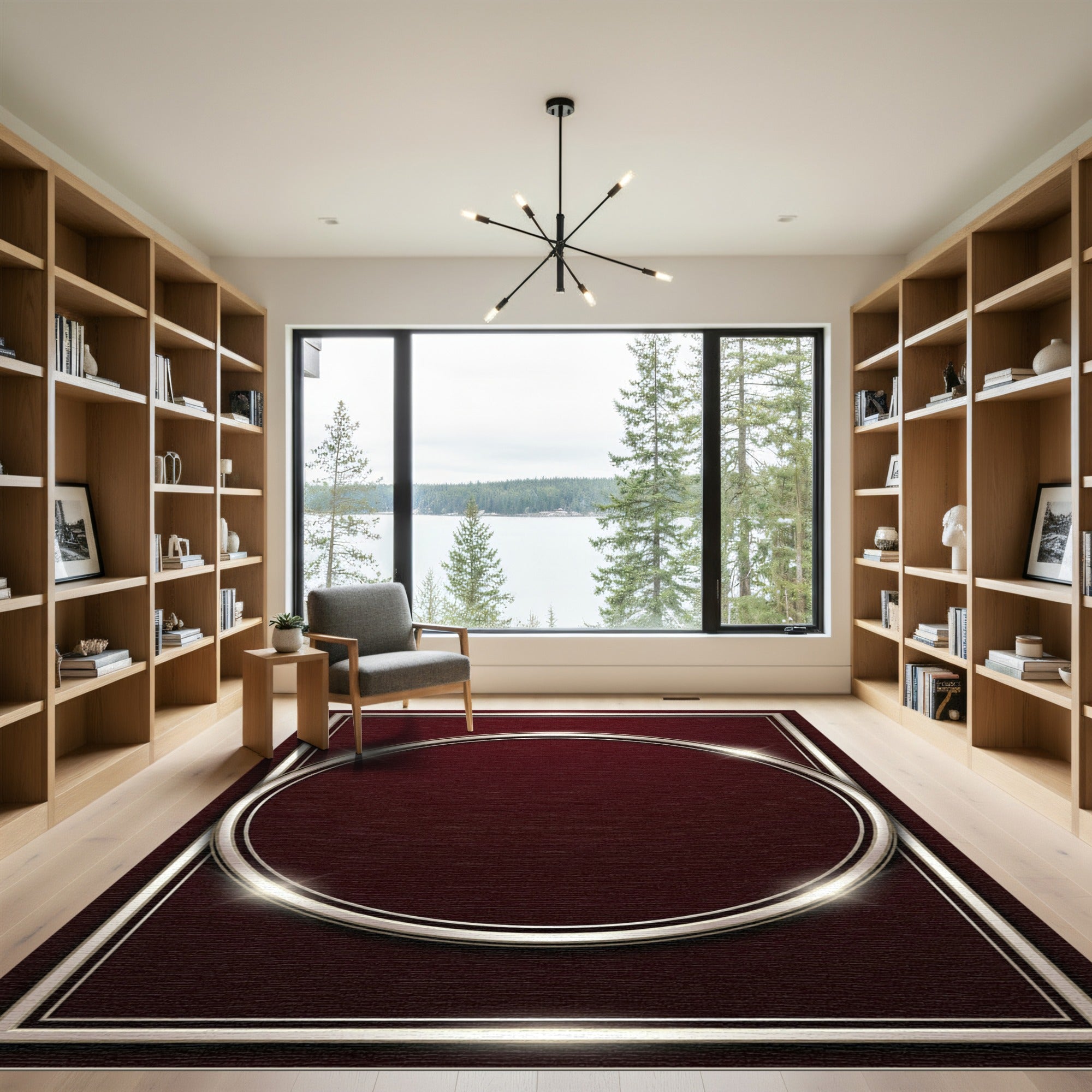 Crimson Silver Geometric Ring Rug