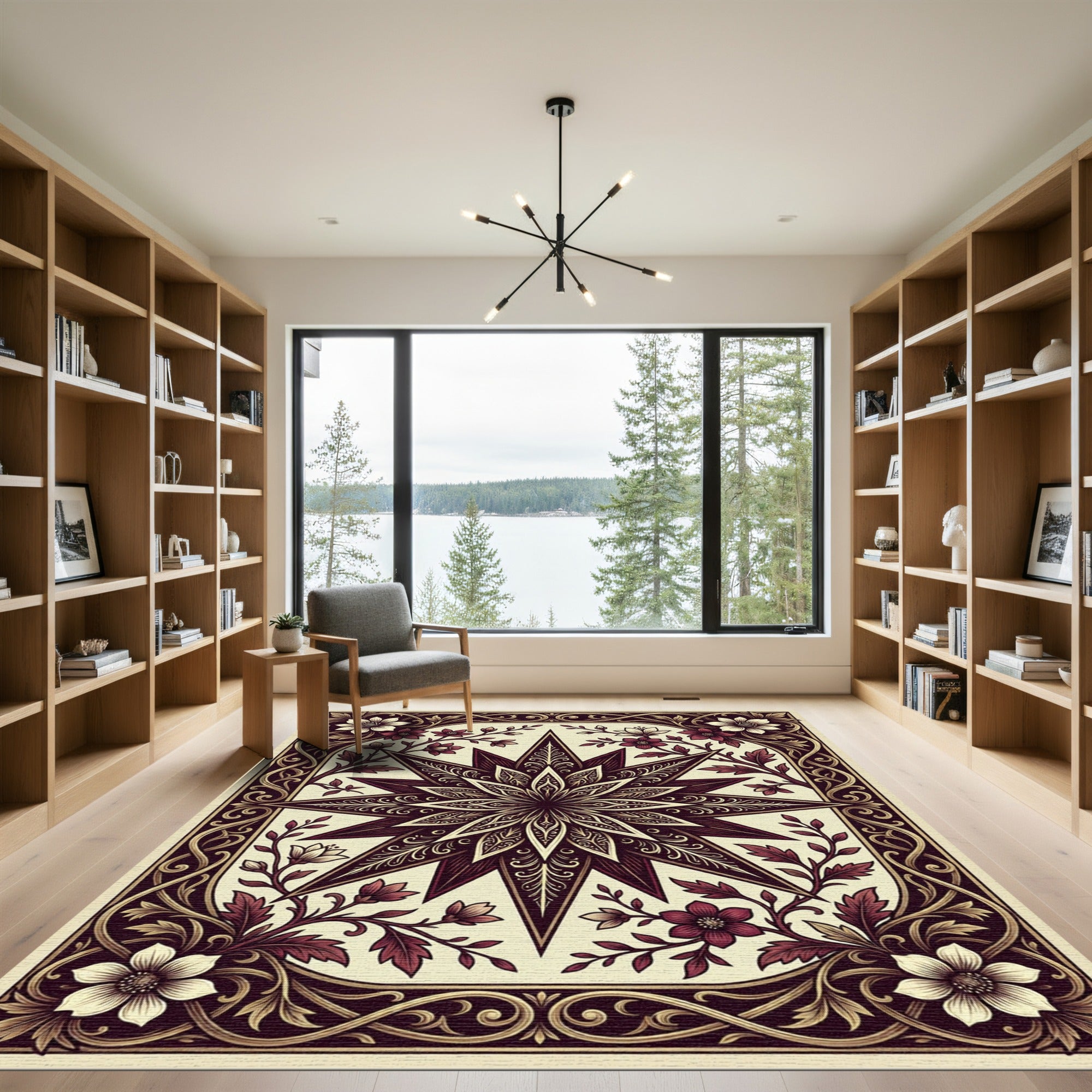 Elegant Deep Burgundy Floral Star Tapestry Rug
