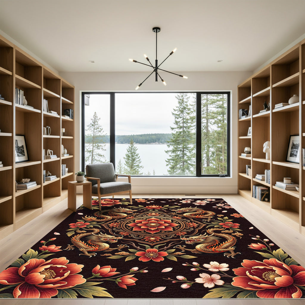 Golden Dragon Lotus Floral Medallion Rug