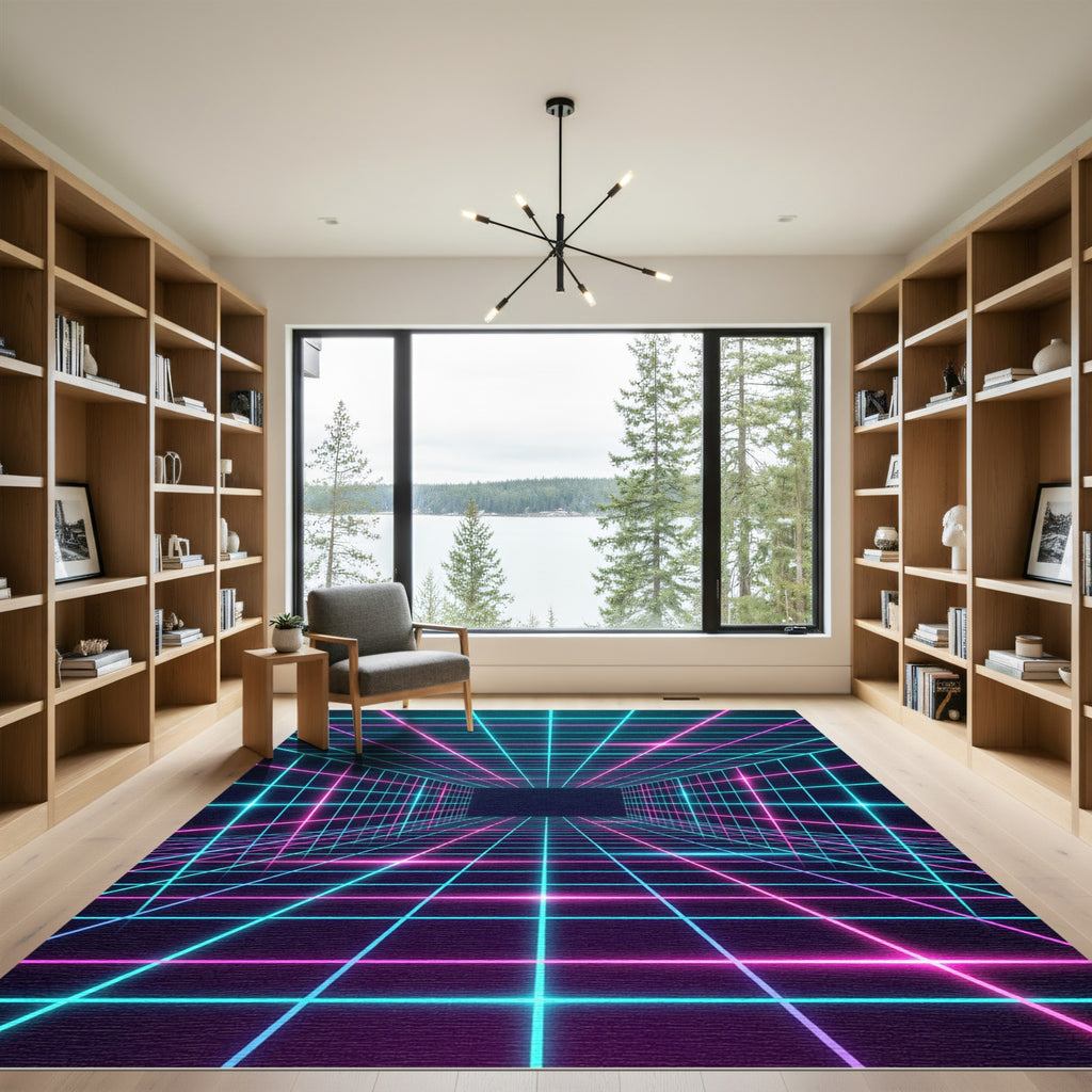 Neon Synthwave Grid Corridor Rug