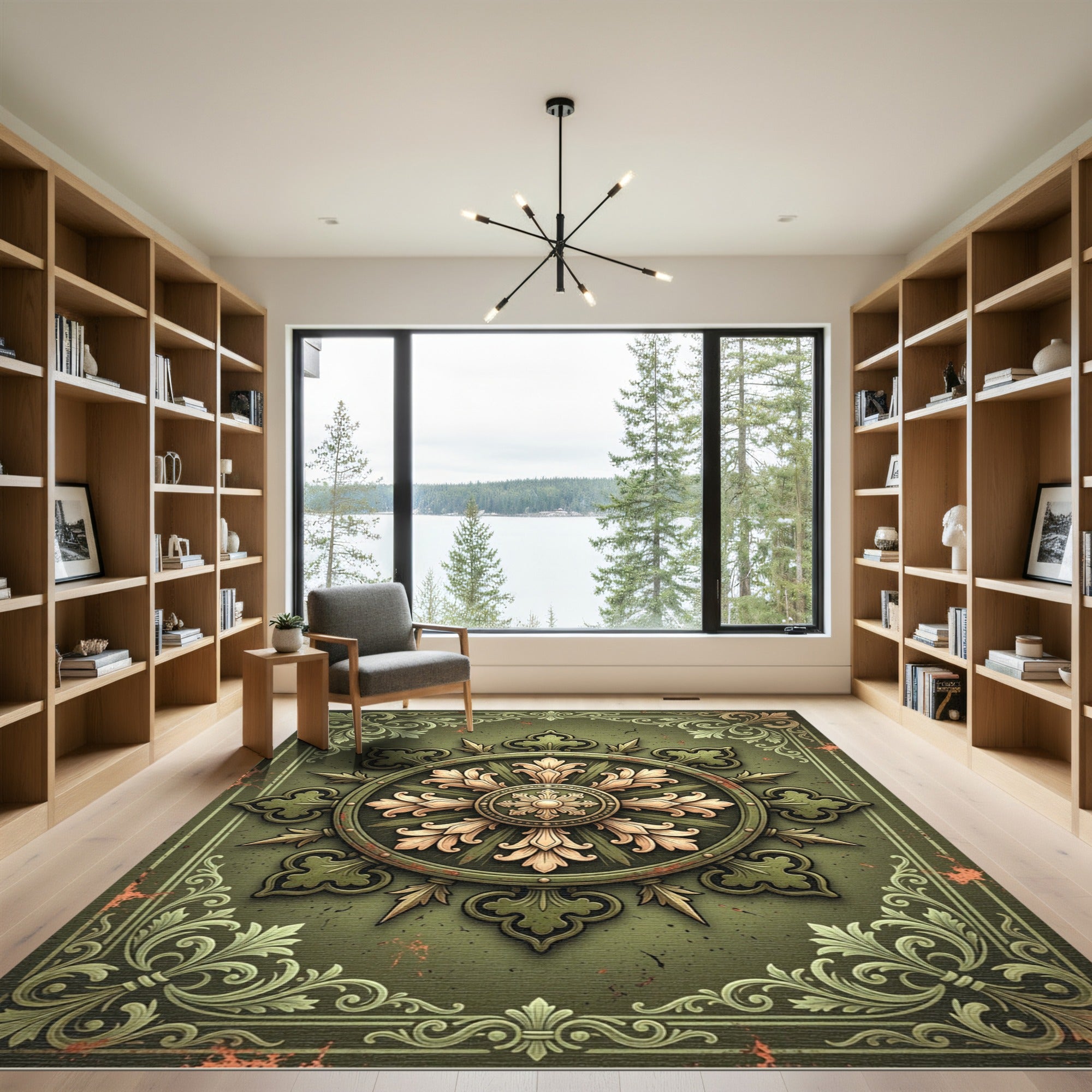 Ornate Sage Green Filigree Medallion Rug
