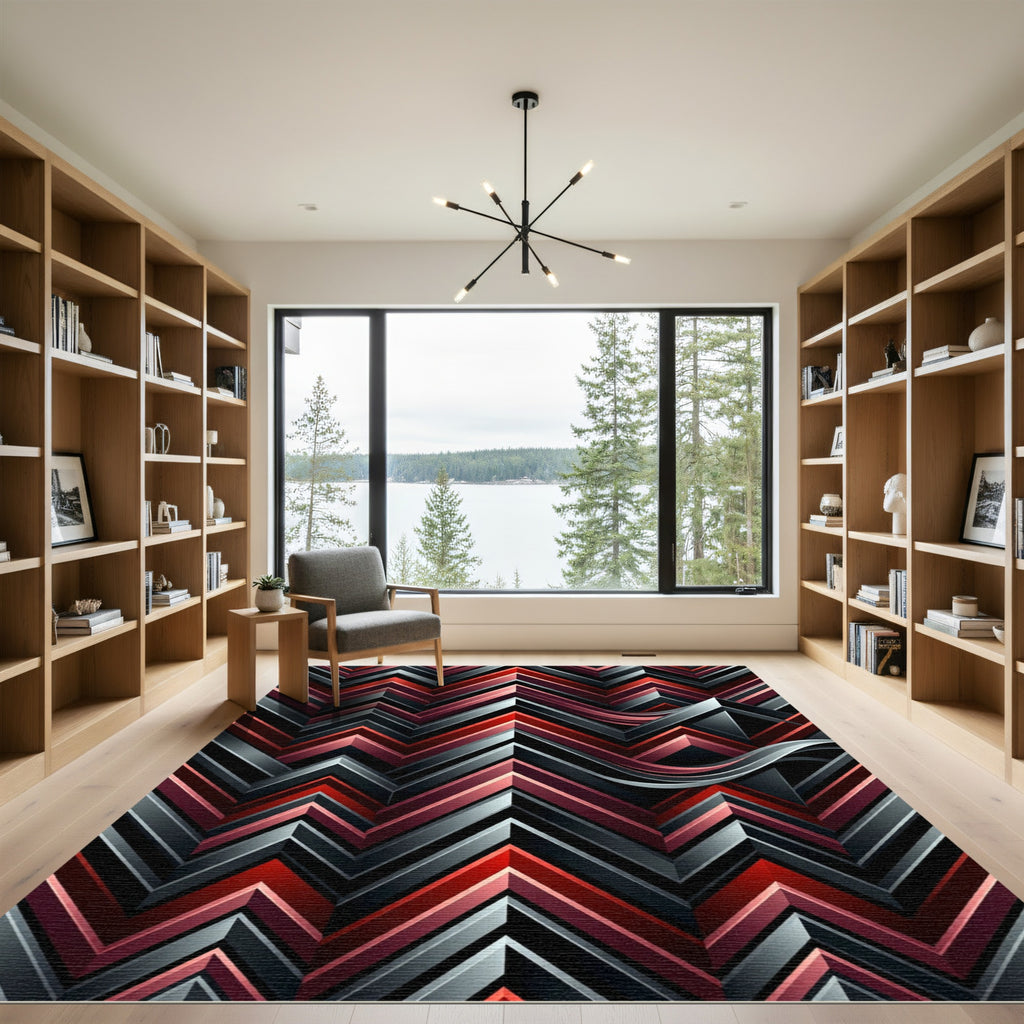 Modern Crimson Black Chevron Wave Rug
