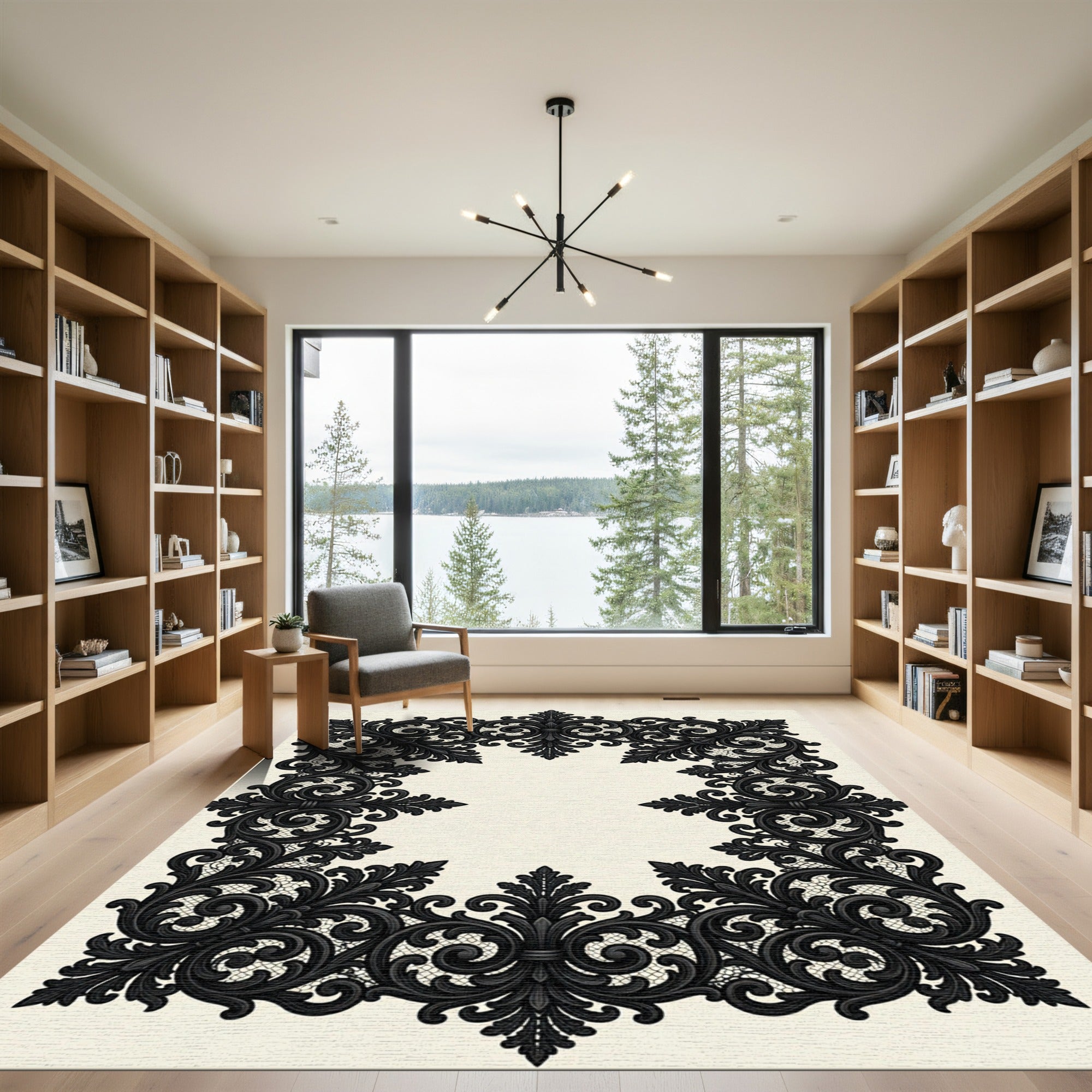 Elegant Black Ornate Baroque Border Rug