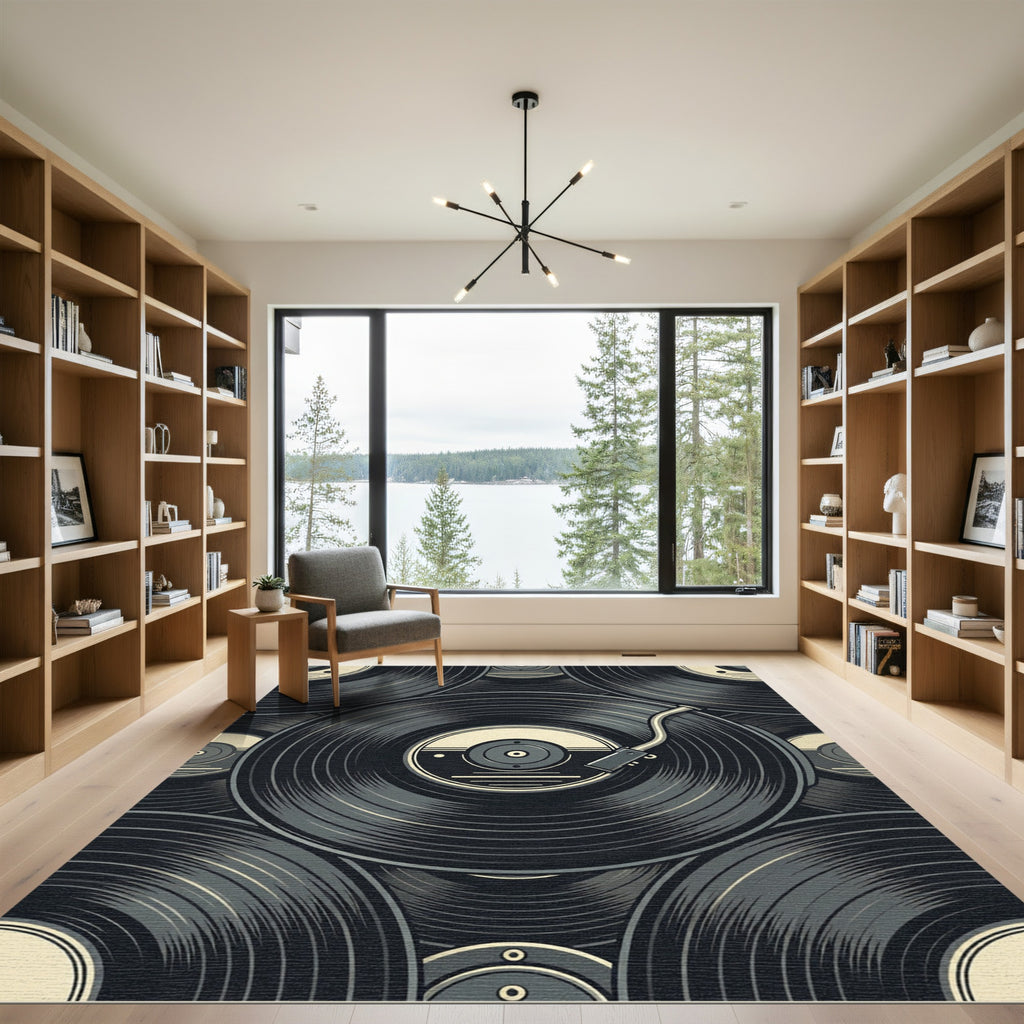 Retro Monochrome Vinyl Record Composition Rug