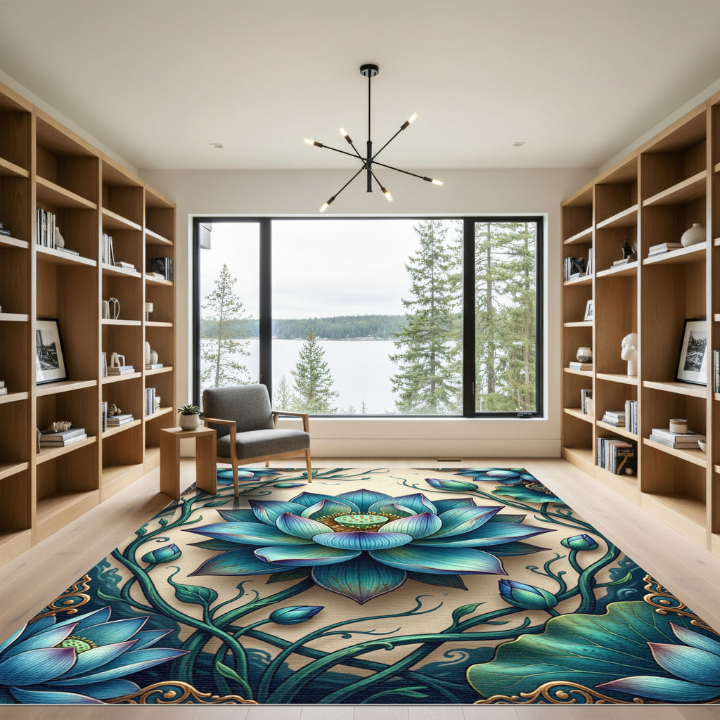 Radiant Teal Lotus Flower Botanical Art Rug