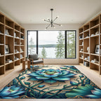 Radiant Teal Lotus Flower Botanical Art Rug