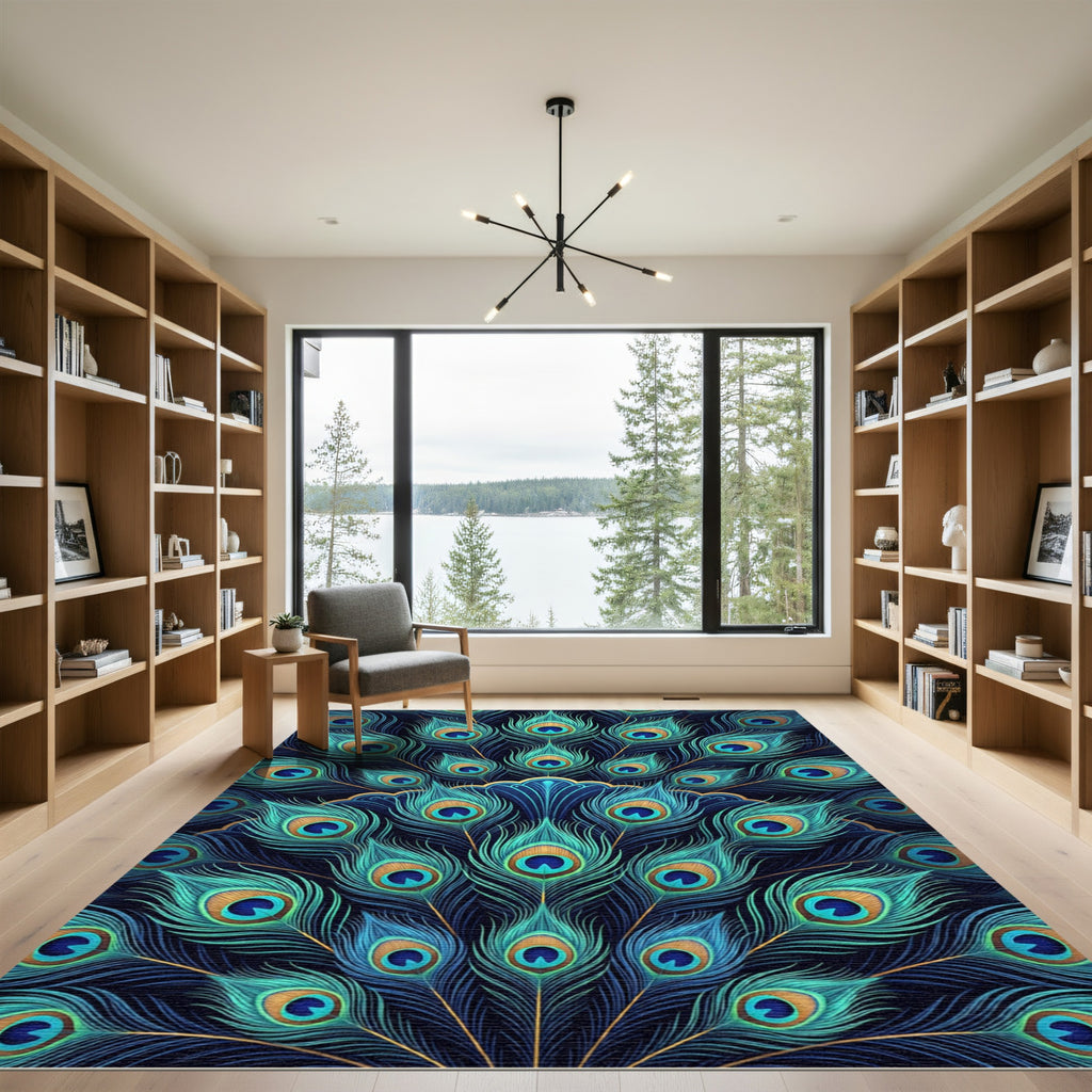 Emerald Teal Gold Peacock Feathers Rug